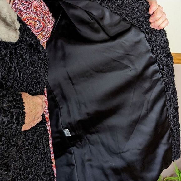 Vintage Black 50s Persian Lamb Karakul Gray Mink Collar Fur Coat Size Large - Picture 6 of 9